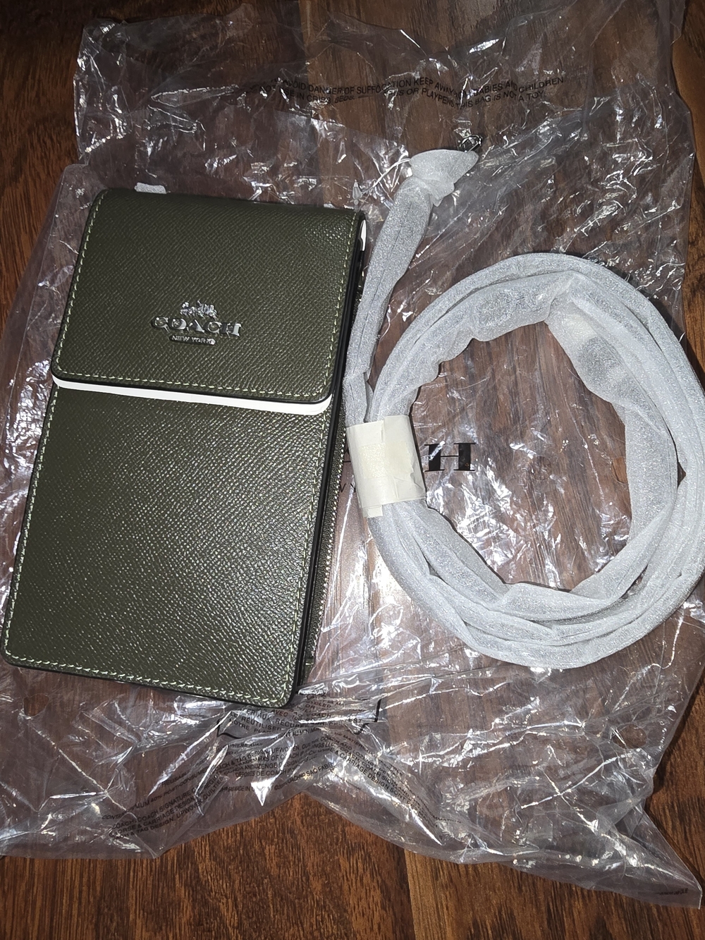 Coach Olive Green Leather Phone Crossbody with White Trim